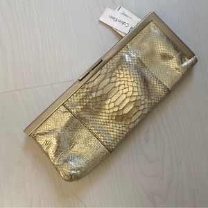 Calvin Klein Metallic Snap Clutch Purse Champagne Serpent Embossed